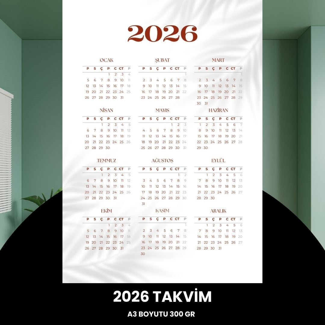 Takvim 2026 Premium A3 300 Gr Dijital Baskı Beyaz Bordo