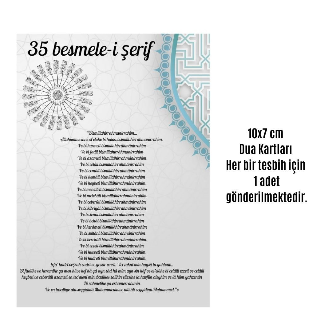 Namaz Tesbihi Vavlı 99'lu Cam İncili 35 Besmele-i Şerif Dua Kartı İle Gri Renk Hediyelik 10 Adet