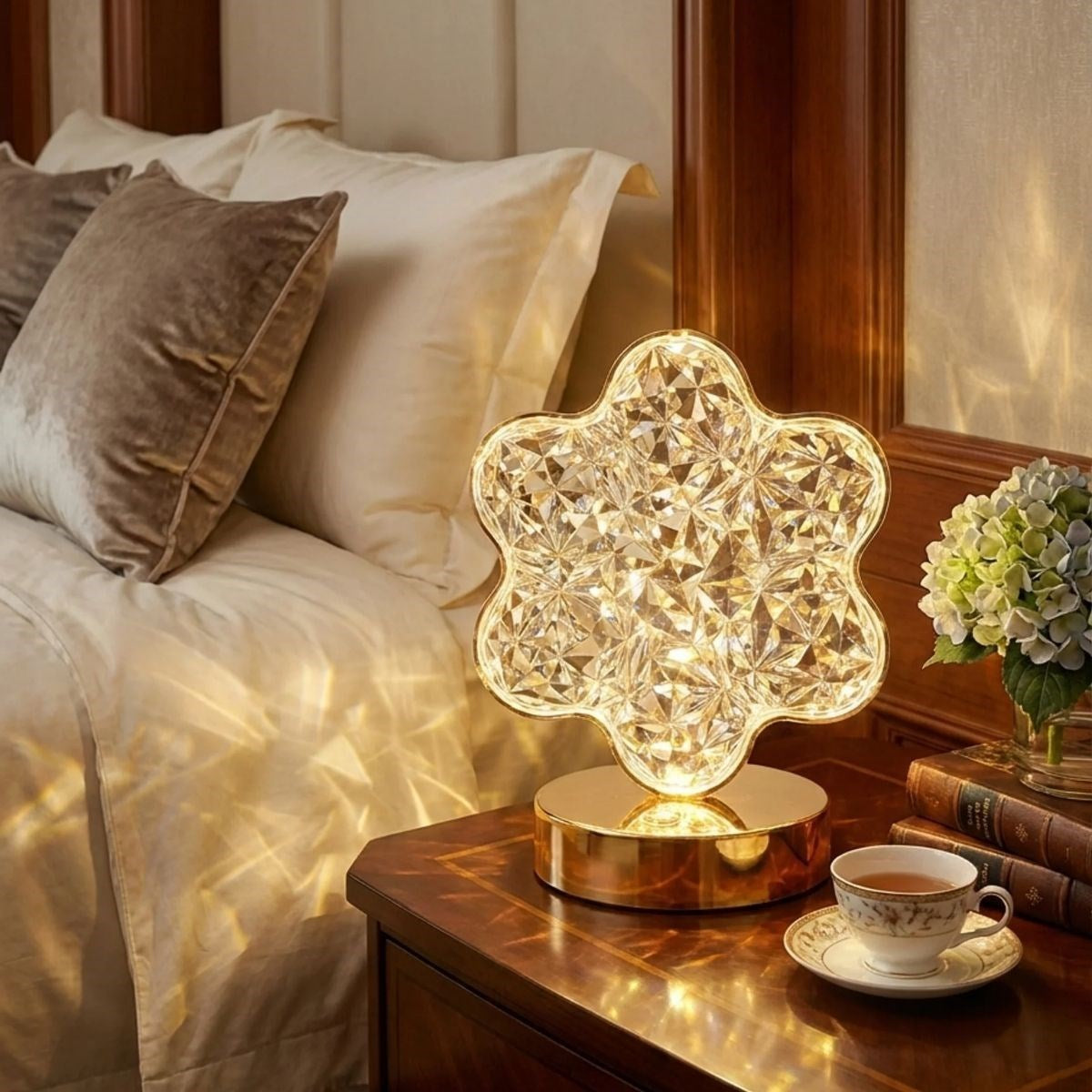 Çiçek Model Kristal LED Masa Lambası – Dokunmatik, 3 Renk Işık Modlu, Şarjlı Mini Dekoratif Gece Lambası (5286)