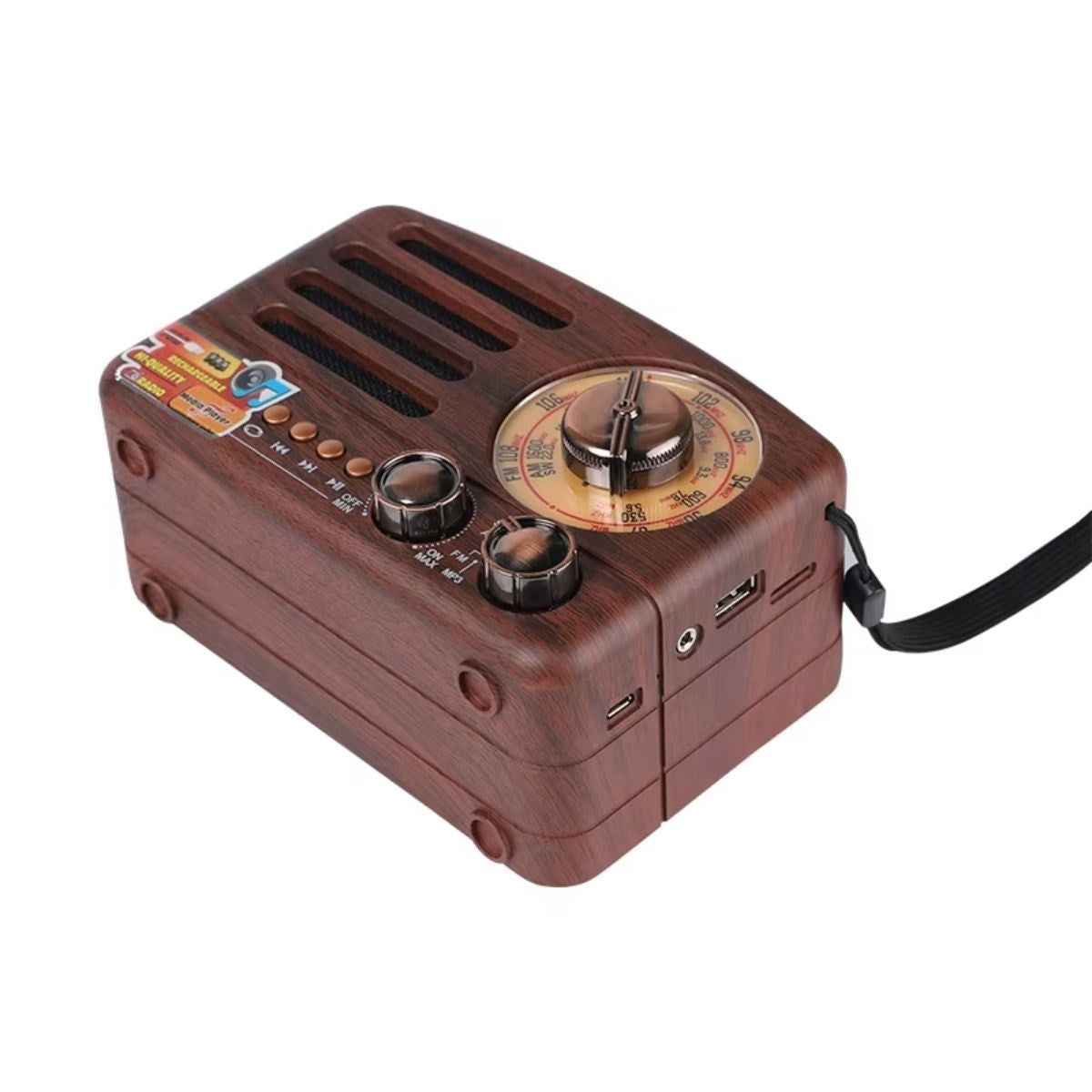 ANKAVERSE® Küçük Boy Retro, Nostaljik, Ahşap Tasarım Bluetooth Hoparlörlü, Şarjlı, Taşınabilir Büyük Döndürülebilen Düğmeli FM/AM Destekli Radyo NS338