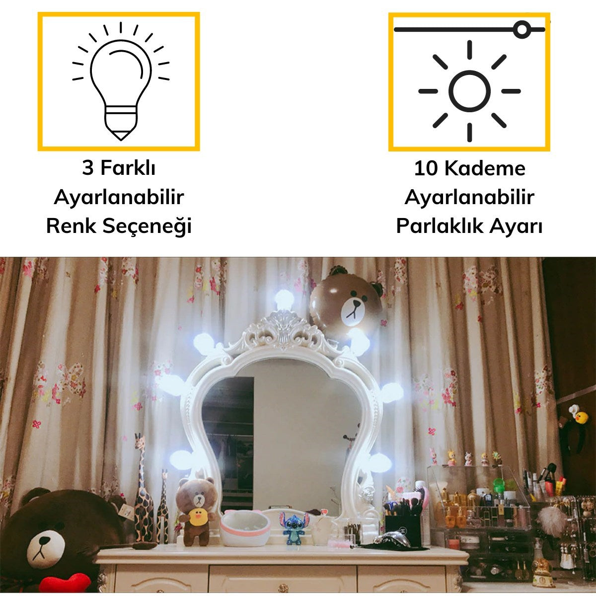 ANKAVERSE® Nostalji Hollywood Tarzı 10lu Makyaj Masası Aynası Beyaz Led Işıklı Lamba USB