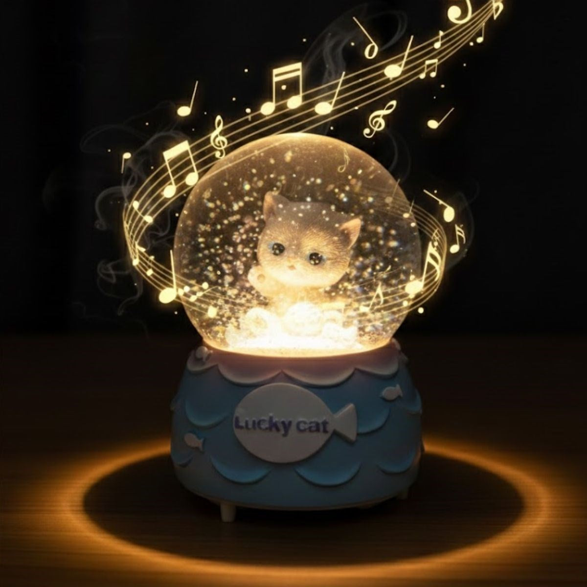 Pilli Işıklı Müzikli Kar Küresi-Şanslı Toplu Kedi Figürlü Eğlenceli Masaüstü Biblo, LED Aydınlatmalı Dekoratif Hediyelik Kar Küresi