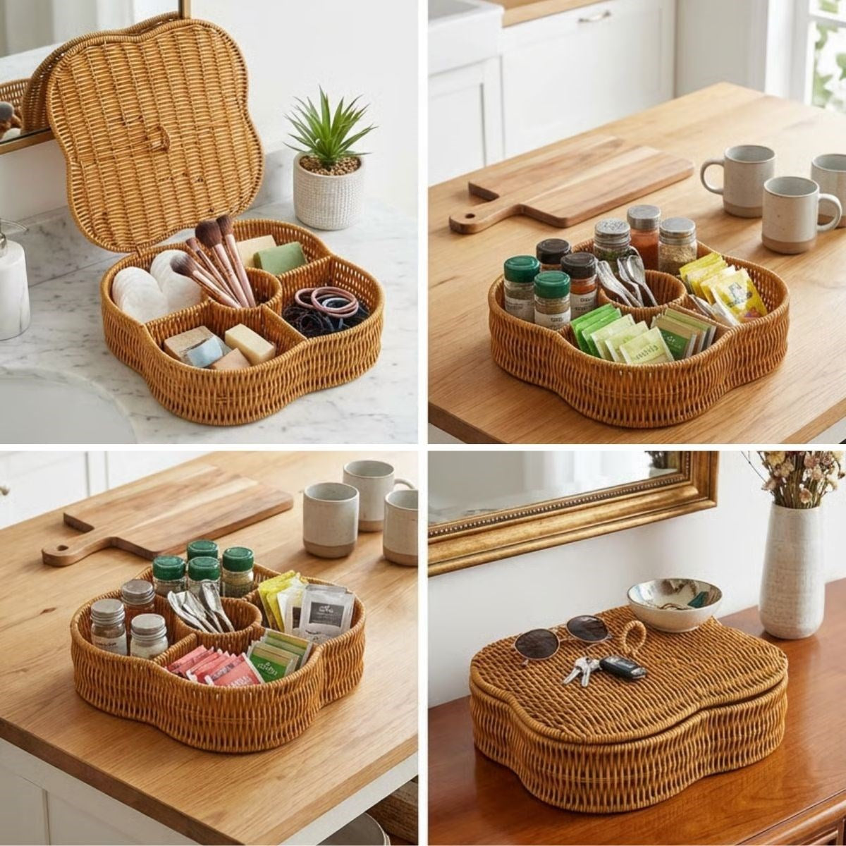 ANKAVERSE® Kapaklı 5 Bölmeli Plastik Rattan Organizer Kutu – Hasır Desenli Çok Amaçlı Saklama ve Sunum Sepeti Çerezlik