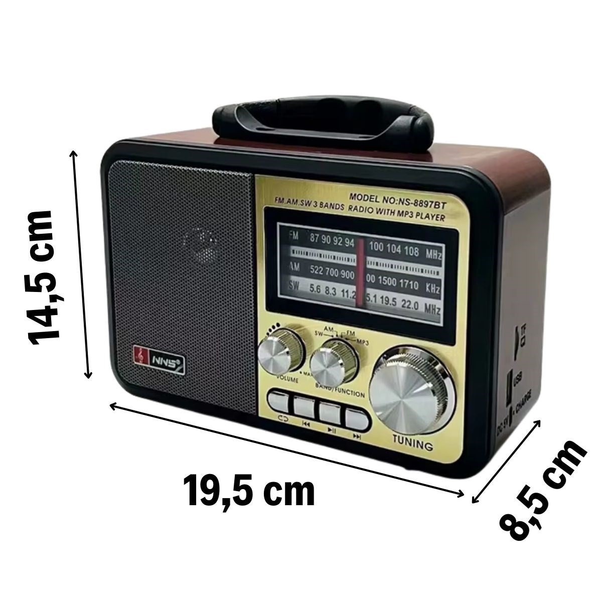 ANKAVERSE® Orta Boy Retro, Nostaljik, Ahşap Tasarım Bluetooth Hoparlörlü, Şarjlı, Taşınabilir FM/AM Destekli Radyo NS-8897