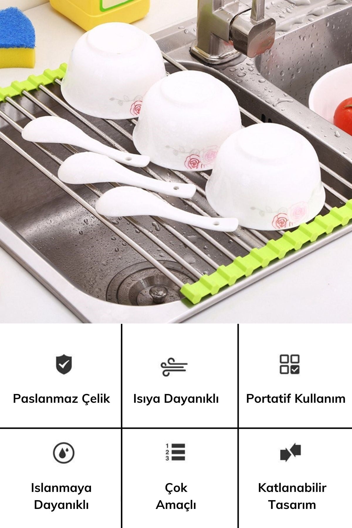 ANKAVERSE® Evye Üstü Katlanır Nihale Paslanmaz Çelik Pratik Sebze Meyve Bulaşık Kurutma Süzgeci