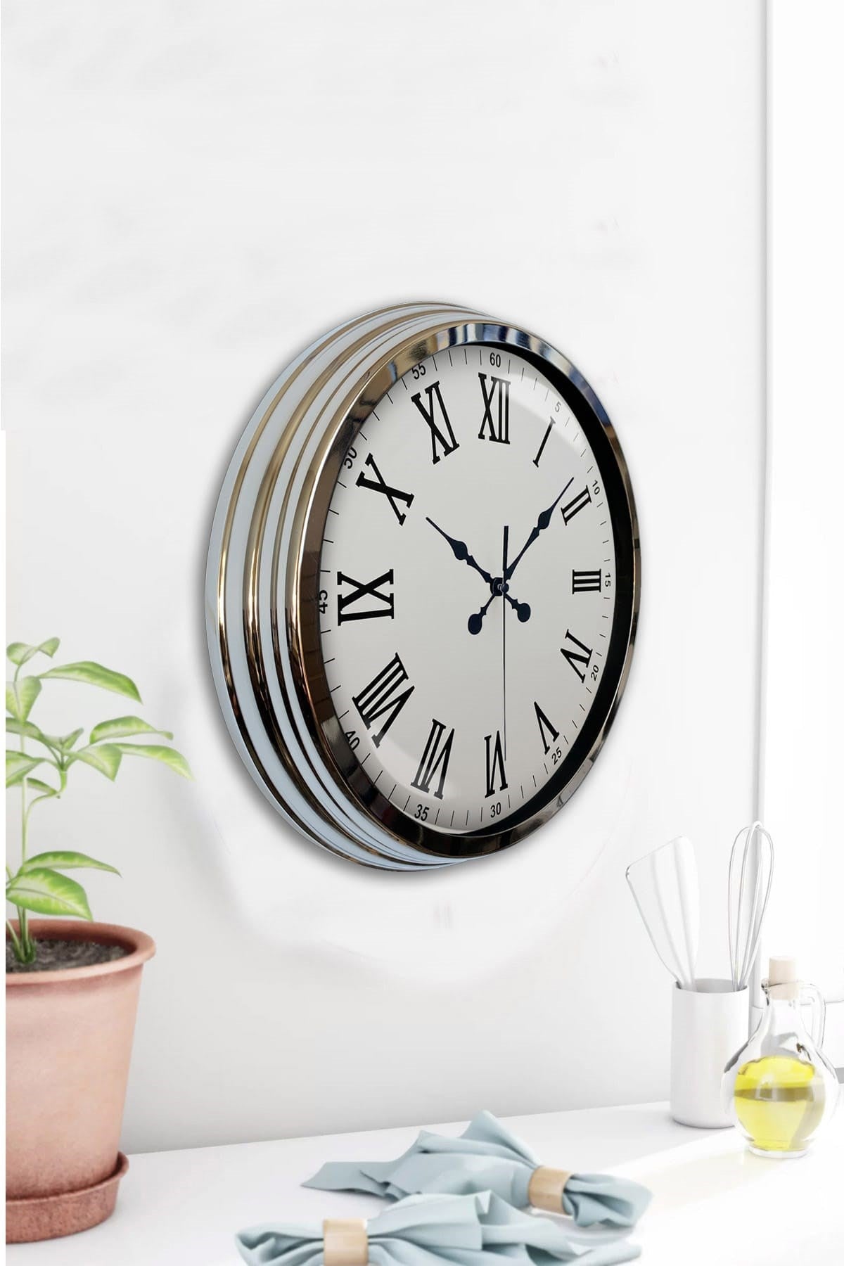 Zentime Krom Roma Rakamlı 40 Cm Metal Modern Duvar Saati