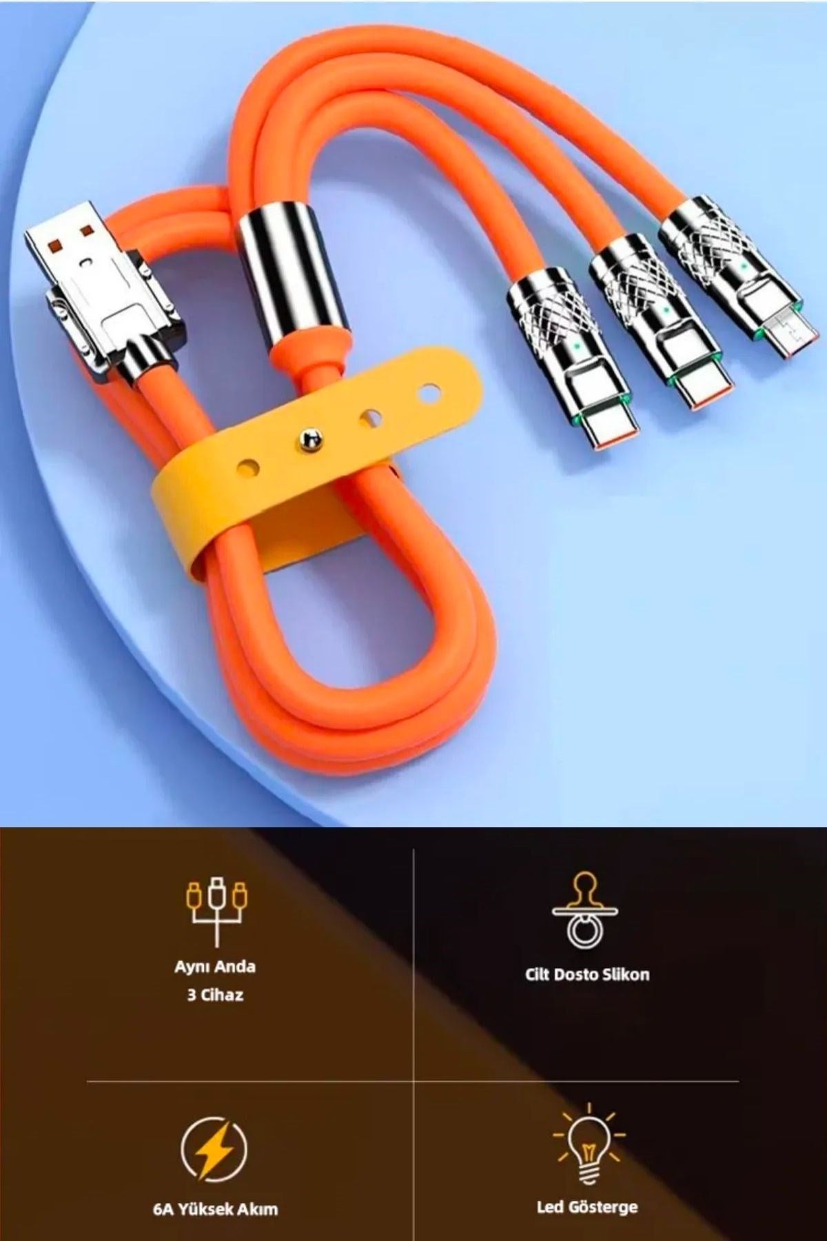 ANKAVERSE® 3 in 1 Type-C + Micro Usb + Lightning Hızlı Şarj Kablosu Silikon Kablo 1 Metre Opp Ambalaj