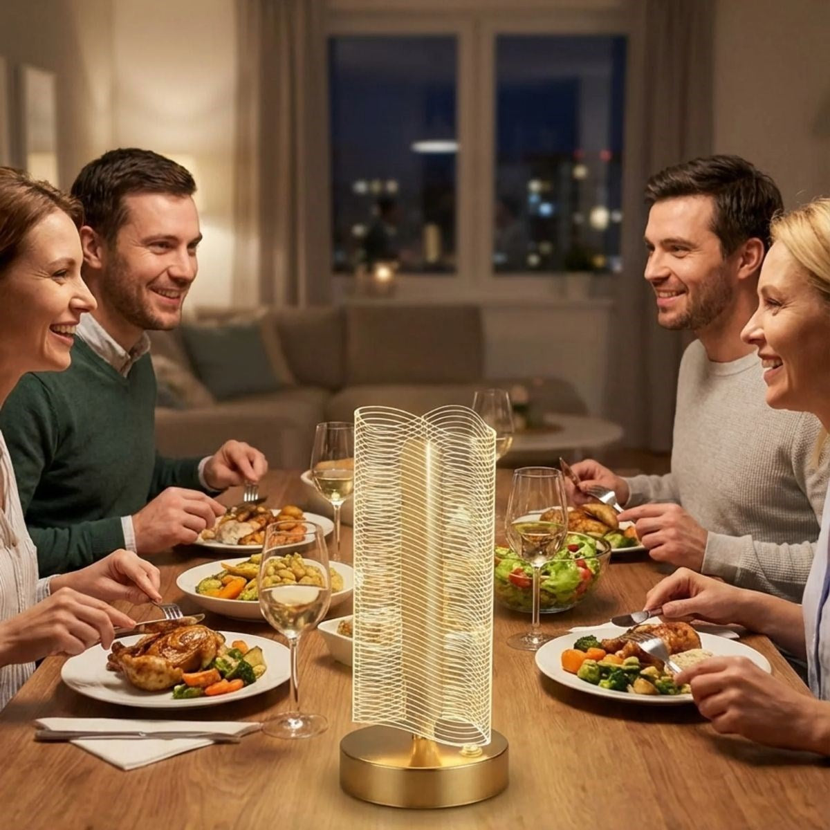 Dalgalı Silindirik Kristal Çizgili Model LED Masa Lambası – Gold Tabanlı, Dokunmatik, 3 Renk Işık Modlu, Şarjlı Modern Dekoratif Gece Lambası (5286)