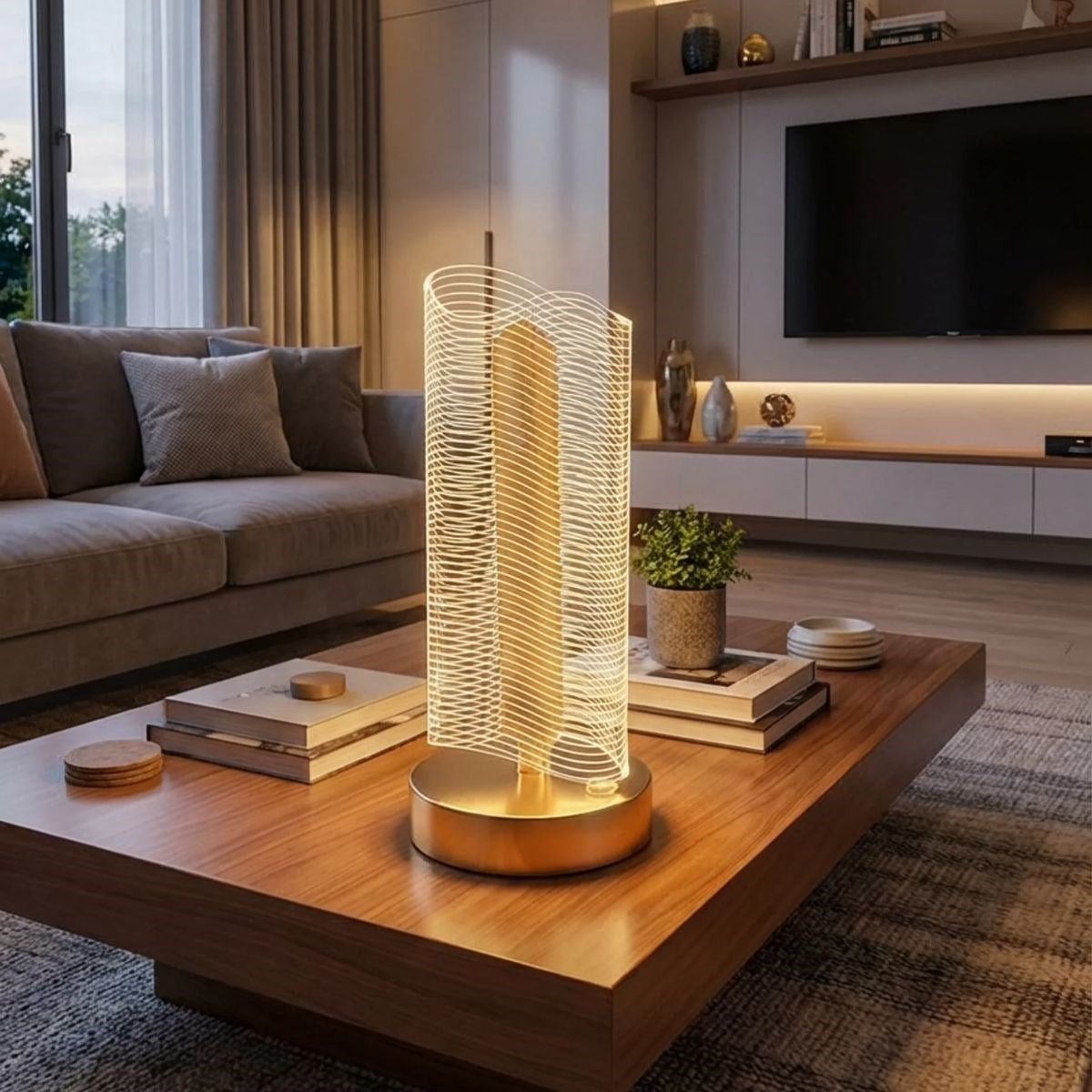 Dalgalı Silindirik Kristal Çizgili Model LED Masa Lambası – Gold Tabanlı, Dokunmatik, 3 Renk Işık Modlu, Şarjlı Modern Dekoratif Gece Lambası (5286)