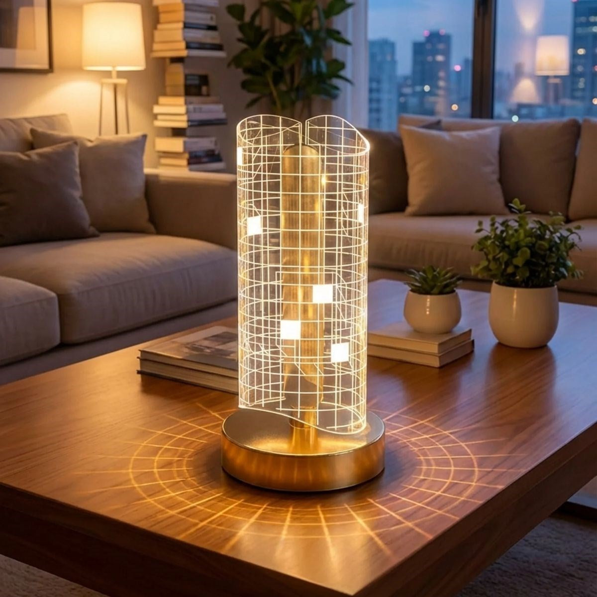 Dalgalı Silindirik Kristal Kareli Model LED Masa Lambası – Gold Tabanlı, Dokunmatik, 3 Renk Işık Modlu, Şarjlı Modern Dekoratif Gece Lambası (5286)