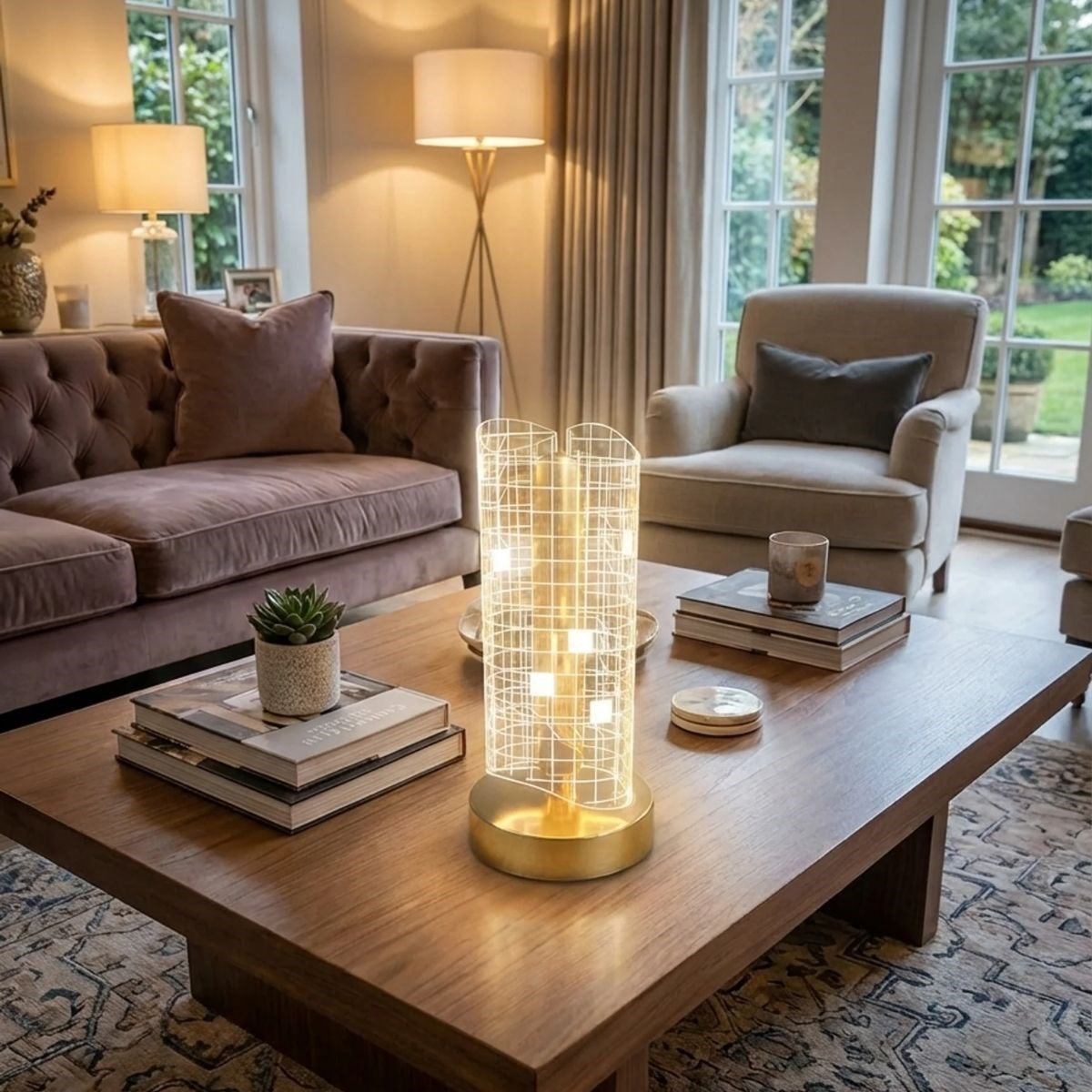 Dalgalı Silindirik Kristal Kareli Model LED Masa Lambası – Gold Tabanlı, Dokunmatik, 3 Renk Işık Modlu, Şarjlı Modern Dekoratif Gece Lambası (5286)