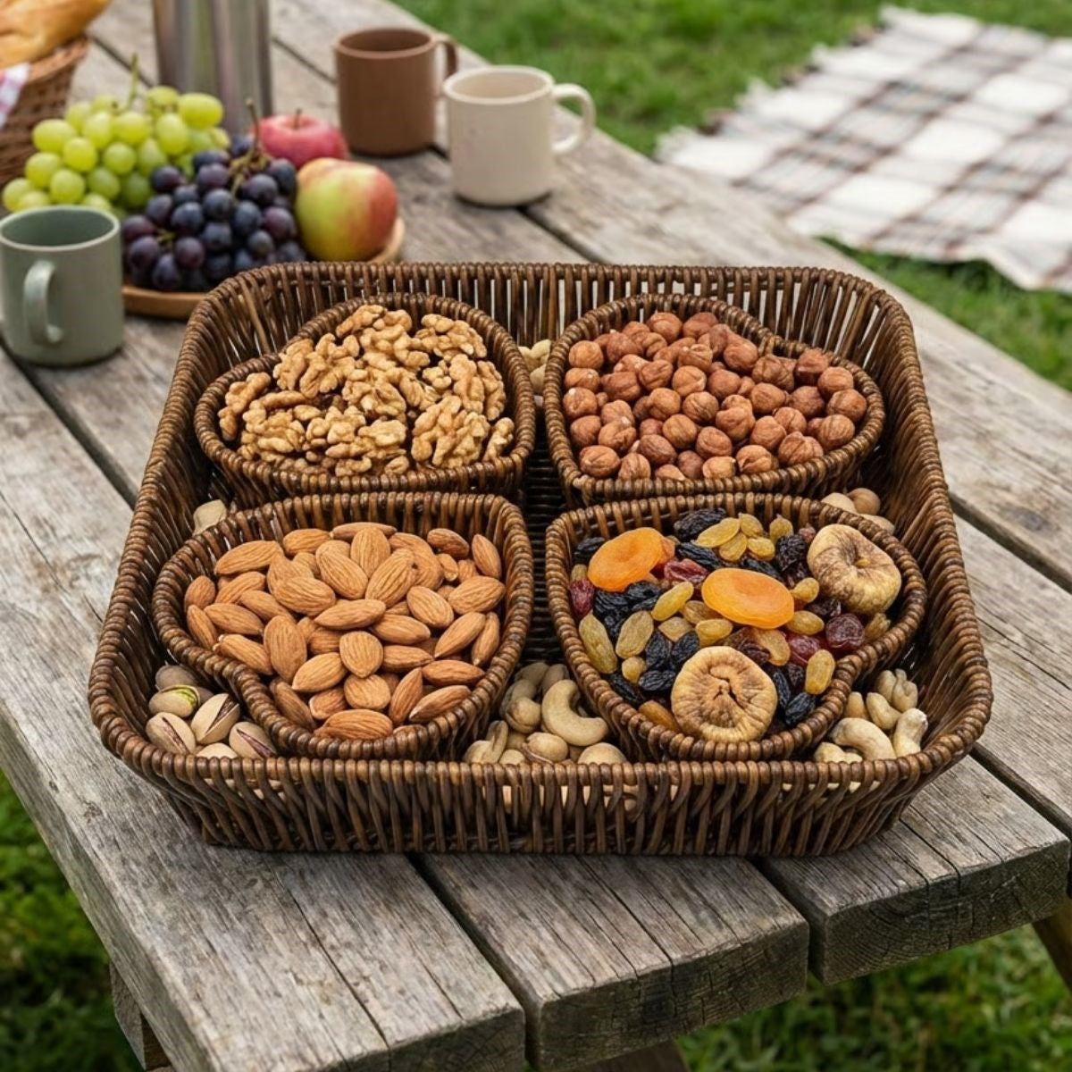 ANKAVERSE® 5 Parça,4 Kalp Formlu Plastik Rattan Sunum ve Kahvaltı Seti-Bölmeli Çerezlik ve Meyvelik-Doğal Hasır Görünümlü Tepsi ve Sunum Tabakları