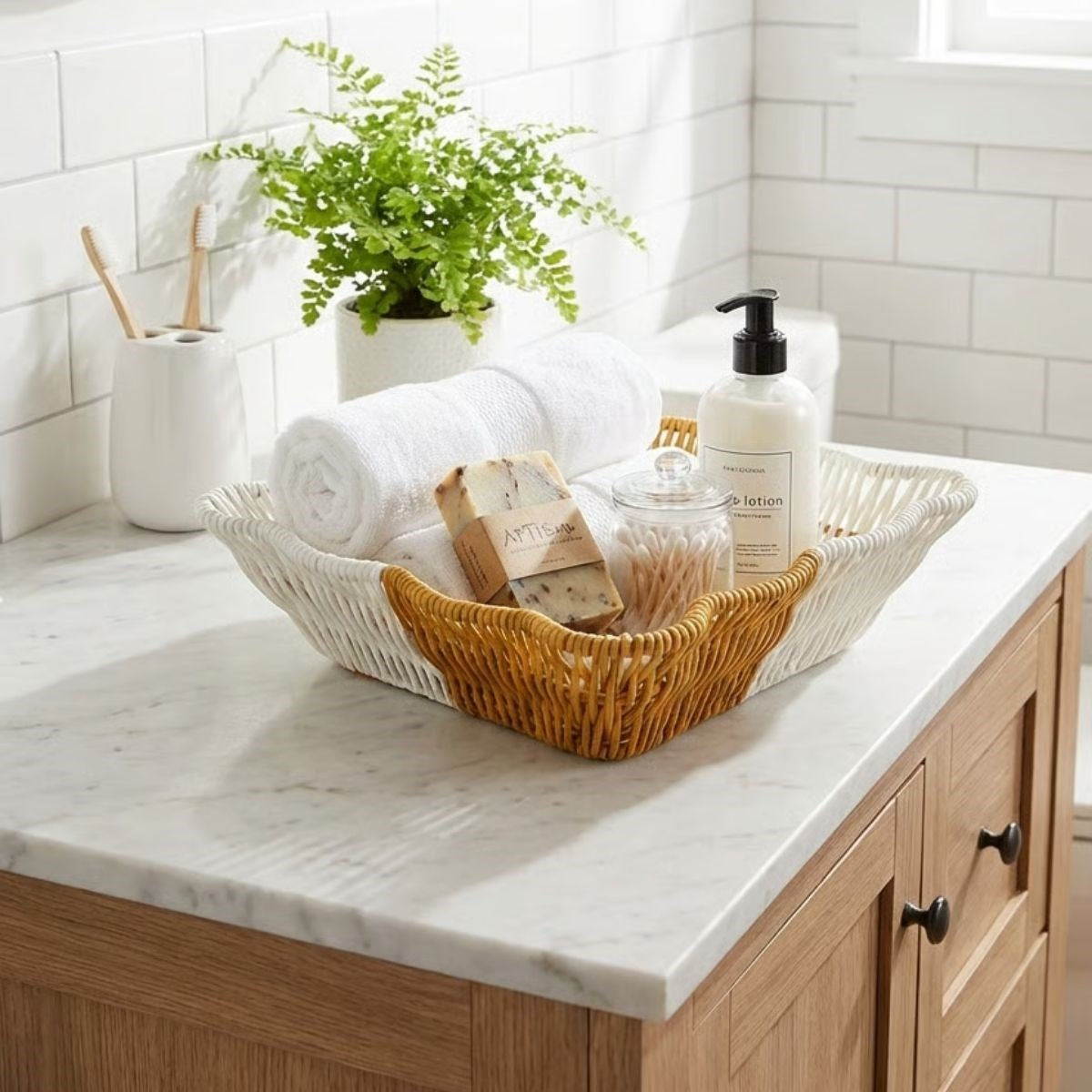 ANKAVERSE® Kare Dalgalı Çift Renkli Plastik Rattan Ekmek ve Meyve Sepeti - Çok Amaçlı Banyo ve Mutfak Düzenleyici - Yıkanabilir Tezgâh Üstü Organizer