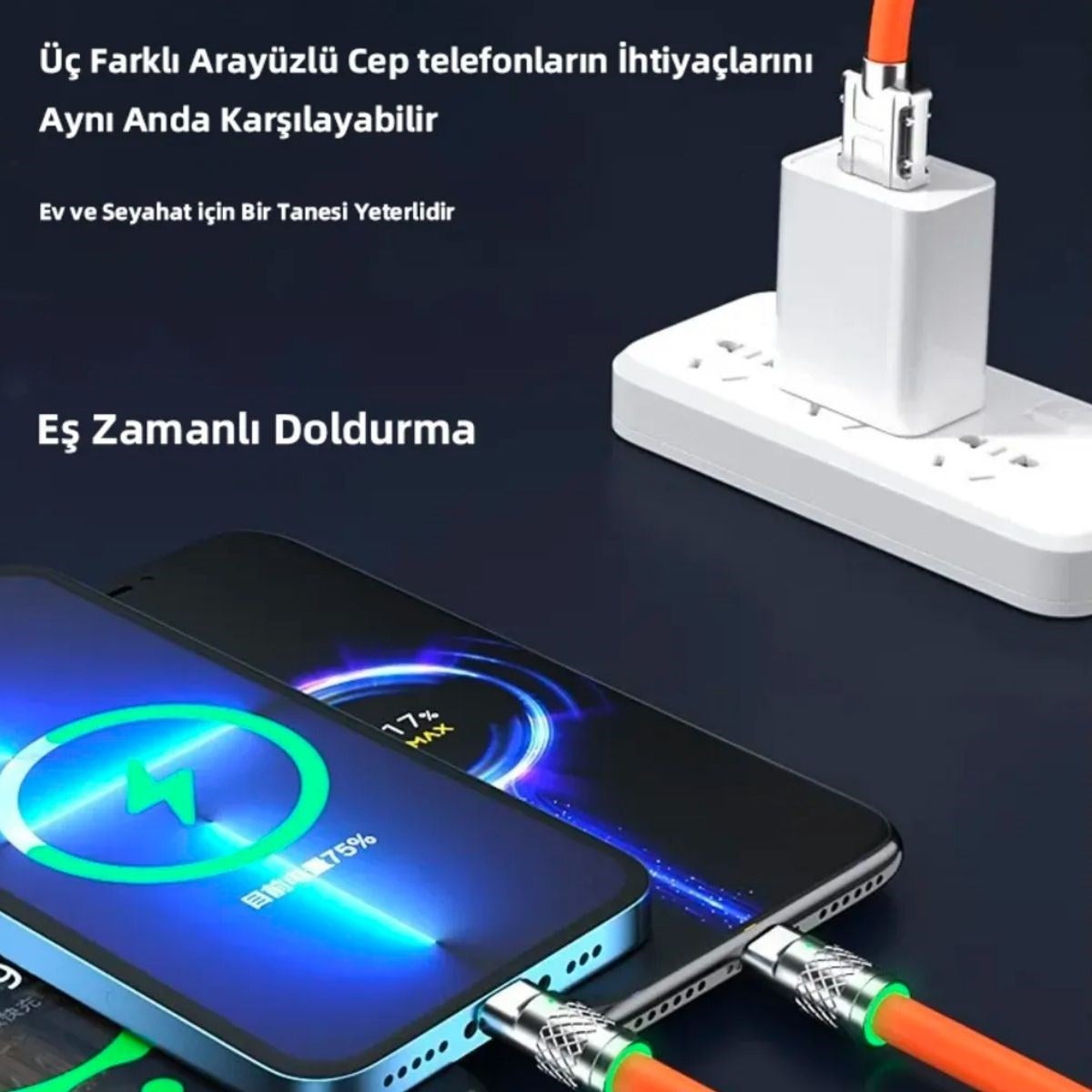 ANKAVERSE® 3 in 1 Type-C + Micro Usb + Lightning Hızlı Şarj Kablosu Silikon Kablo 1 Metre Opp Ambalaj