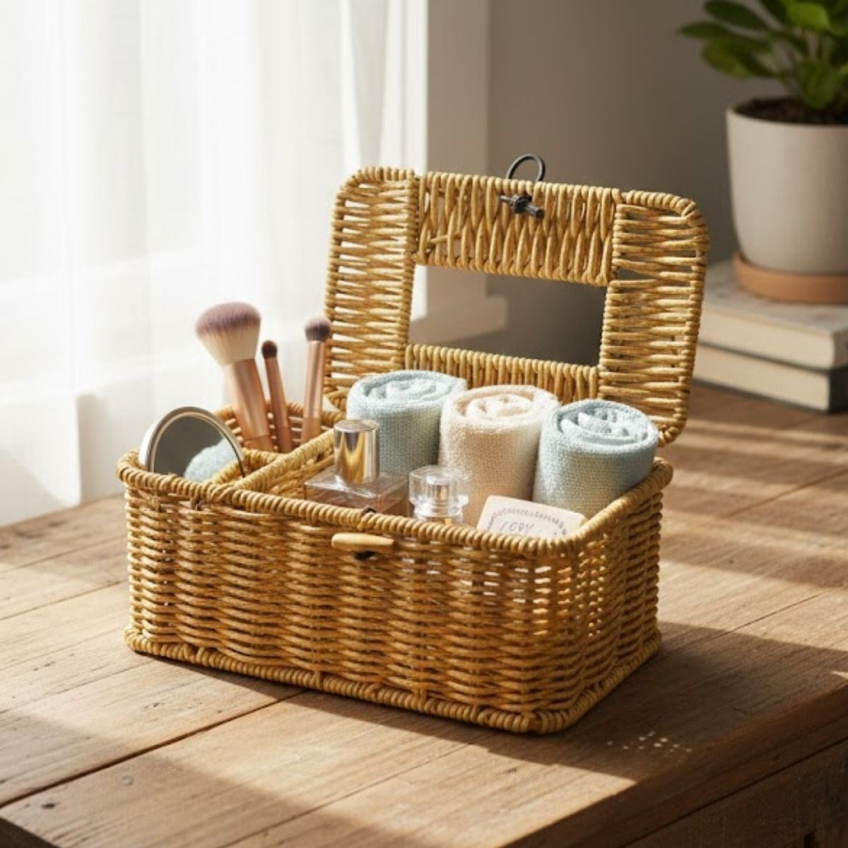ANKAVERSE® Bölmeli Kapaklı Doğal Rattan Görünümlü Hasır Makyaj, Takı ve Havlu Düzenleyici - Peçetelikli Çok Amaçlı Masaüstü Organizer Sepet