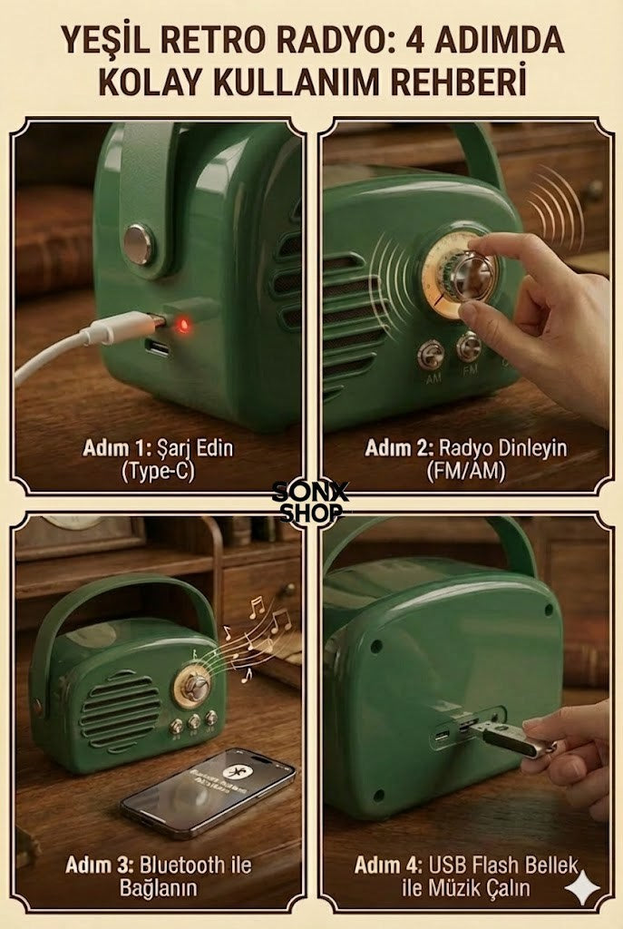 SONX Nostaljik Retro Bluetooth  - FM Radyo, USB ve Bluetooth Kablosuz Hoparlör