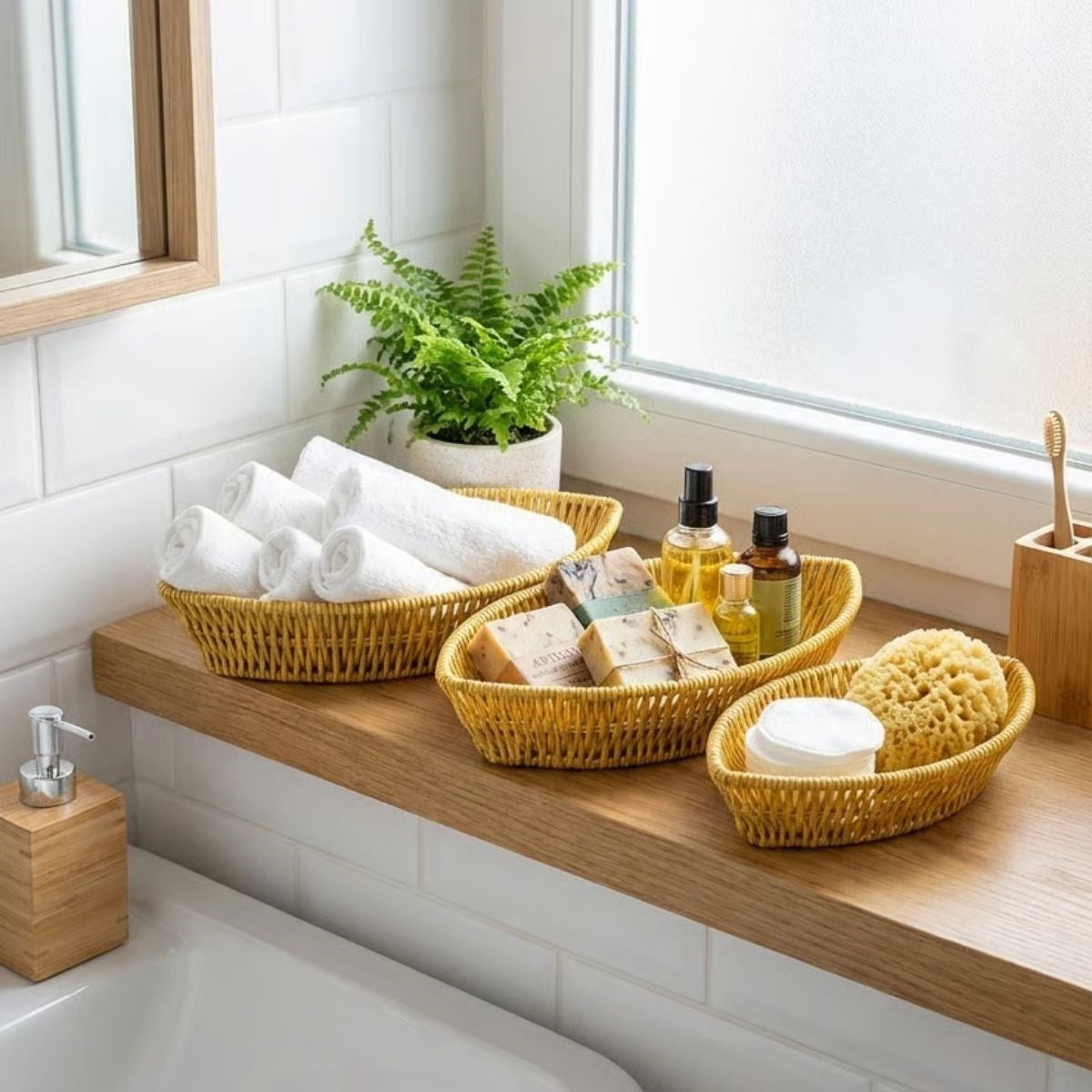 ANKAVERSE® 3 lü Kayık Formlu Plastik Rattan Sepet Seti-Hasır Görünümlü Ekmek, Meyve ve Sunum Sepetleri, Çok Amaçlı Masaüstü Organizer