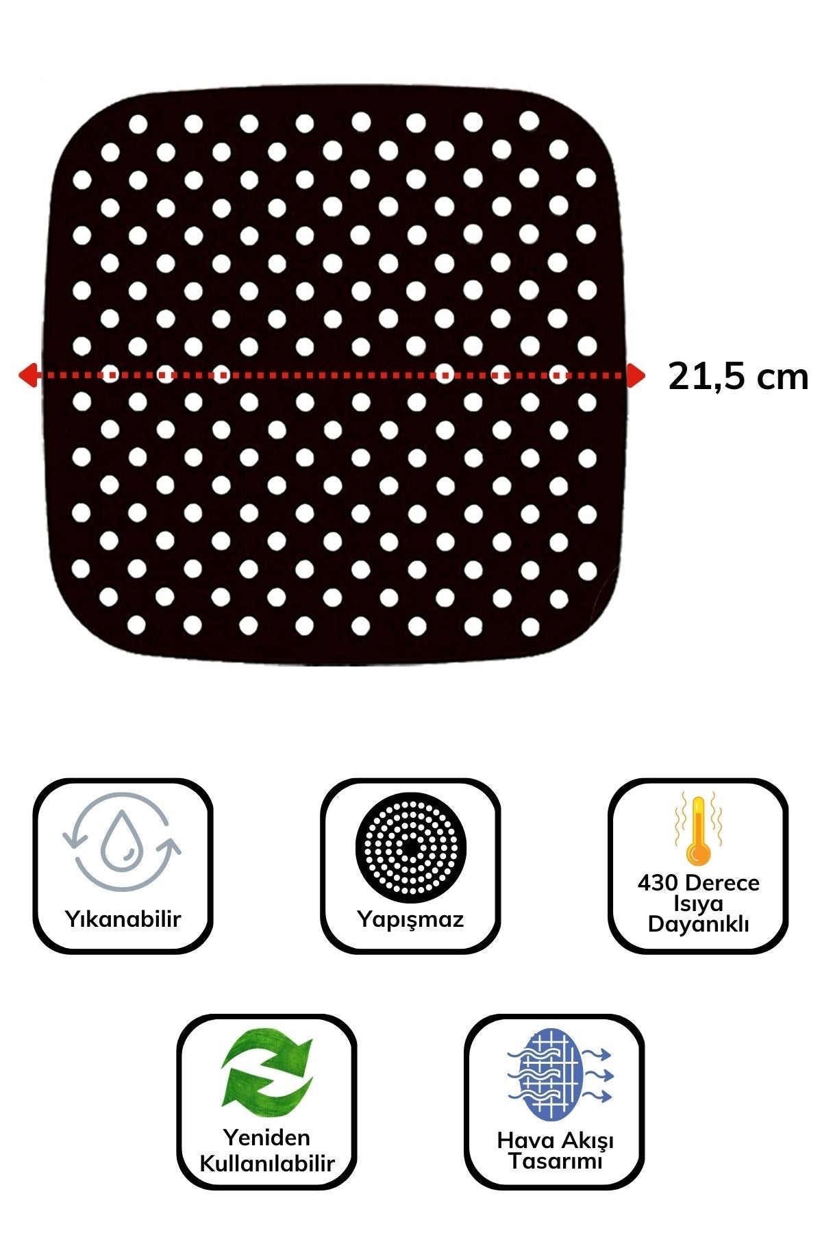 ANKAVERSE® Siyah Silikon Airfryer ve Fırın Matı - Isıya Dayanıklı, 21.5 cm Kare