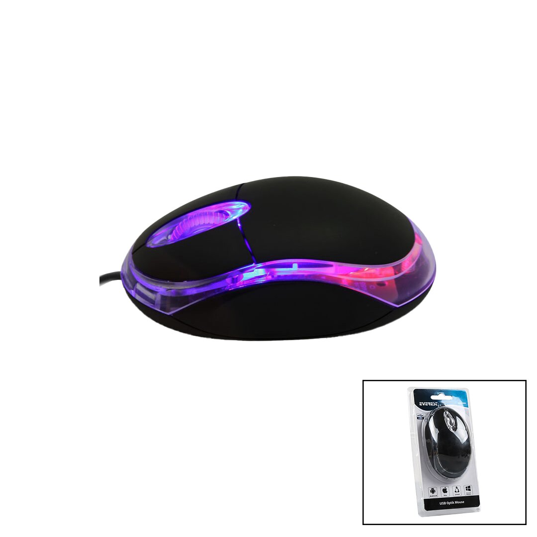 EVEREST KM-6809 KABLOLU USB - IŞIKLI SİYAH OPTİK MOUSE 1200 DPI VAKUMLU AMBALAJ 110CM KABLO (5286)