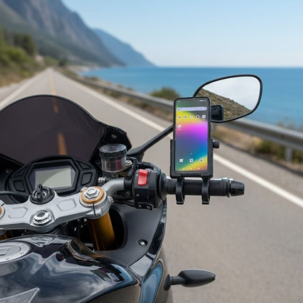 Evrensel Motosiklet Telefon Tutucu – Kaymaz, Kilitlenebilir Güvenli Tutuşlu, 360° Ayarlanabilir Gidon Bağlantılı Akıllı Telefon Aparatı (5286)
