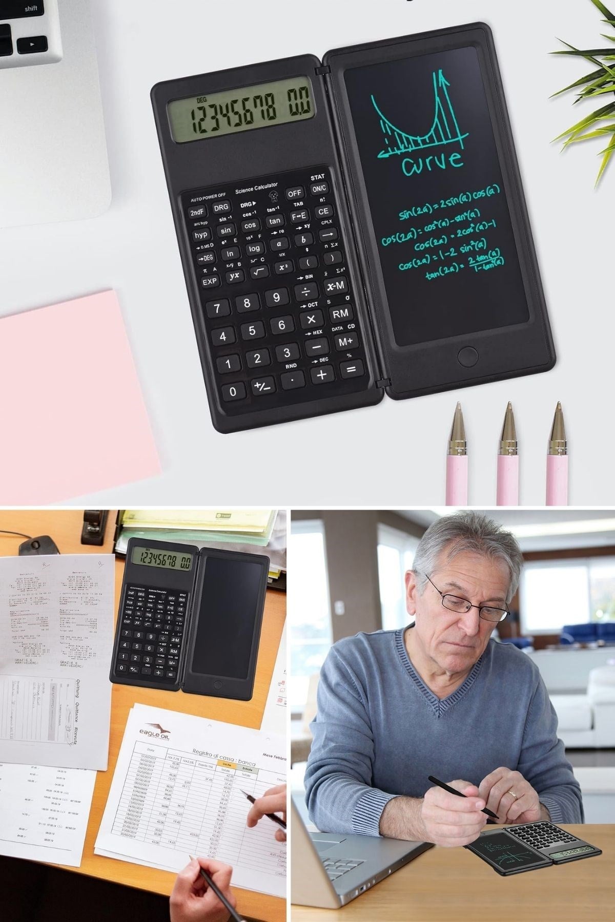 ANKAVERSE® Katlanabilir Bilimsel Hesap Makinesi - Silinebilir LCD Tabletli