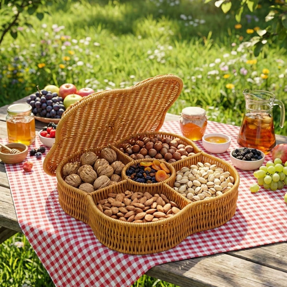 ANKAVERSE® Kapaklı 5 Bölmeli Plastik Rattan Organizer Kutu – Hasır Desenli Çok Amaçlı Saklama ve Sunum Sepeti Çerezlik