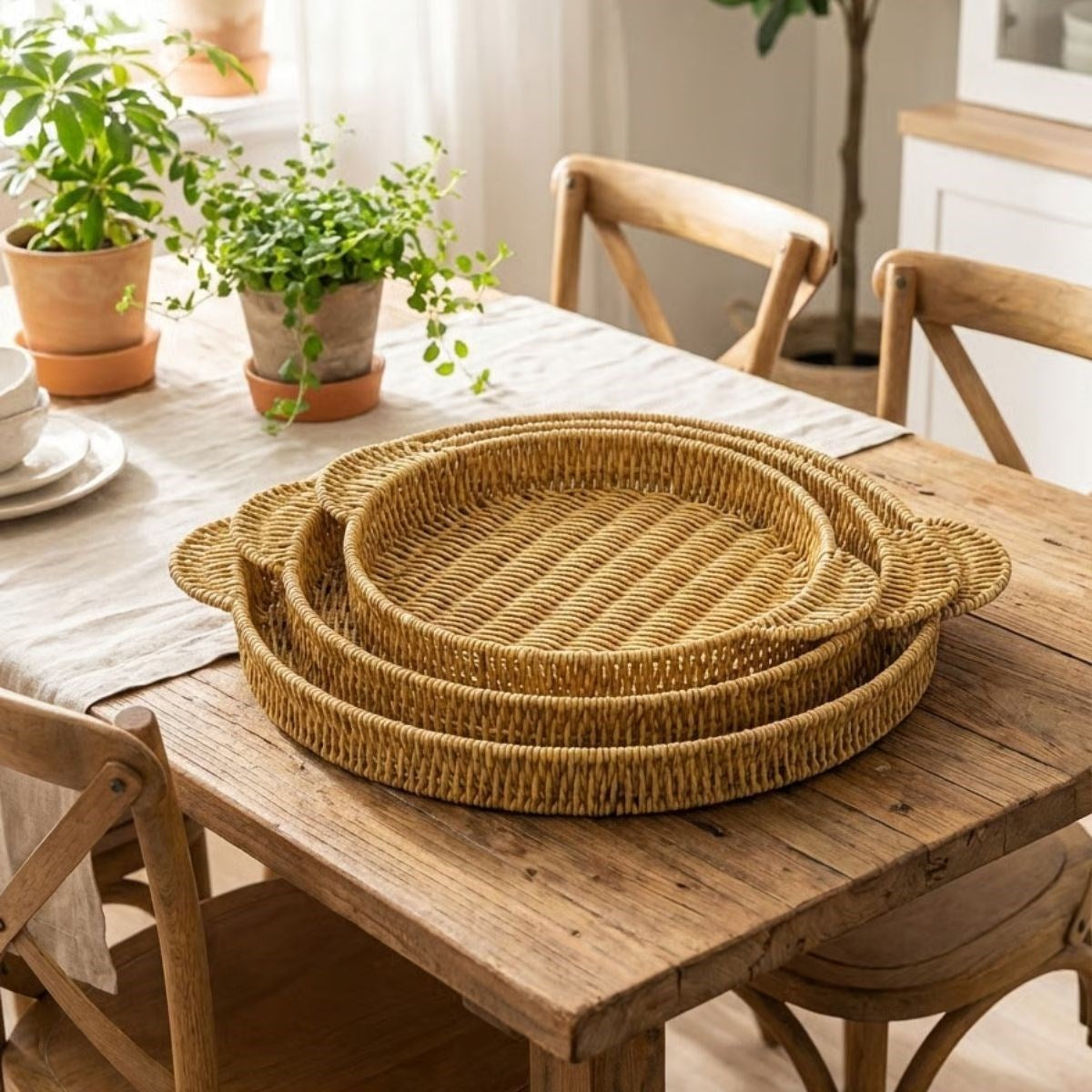 ANKAVERSE® İç İçe Geçebilen 3’lü Yuvarlak Plastik Rattan Tepsi Seti–Hasır Görünümlü Çok Amaçlı Servis ve Sunum Tepsileri