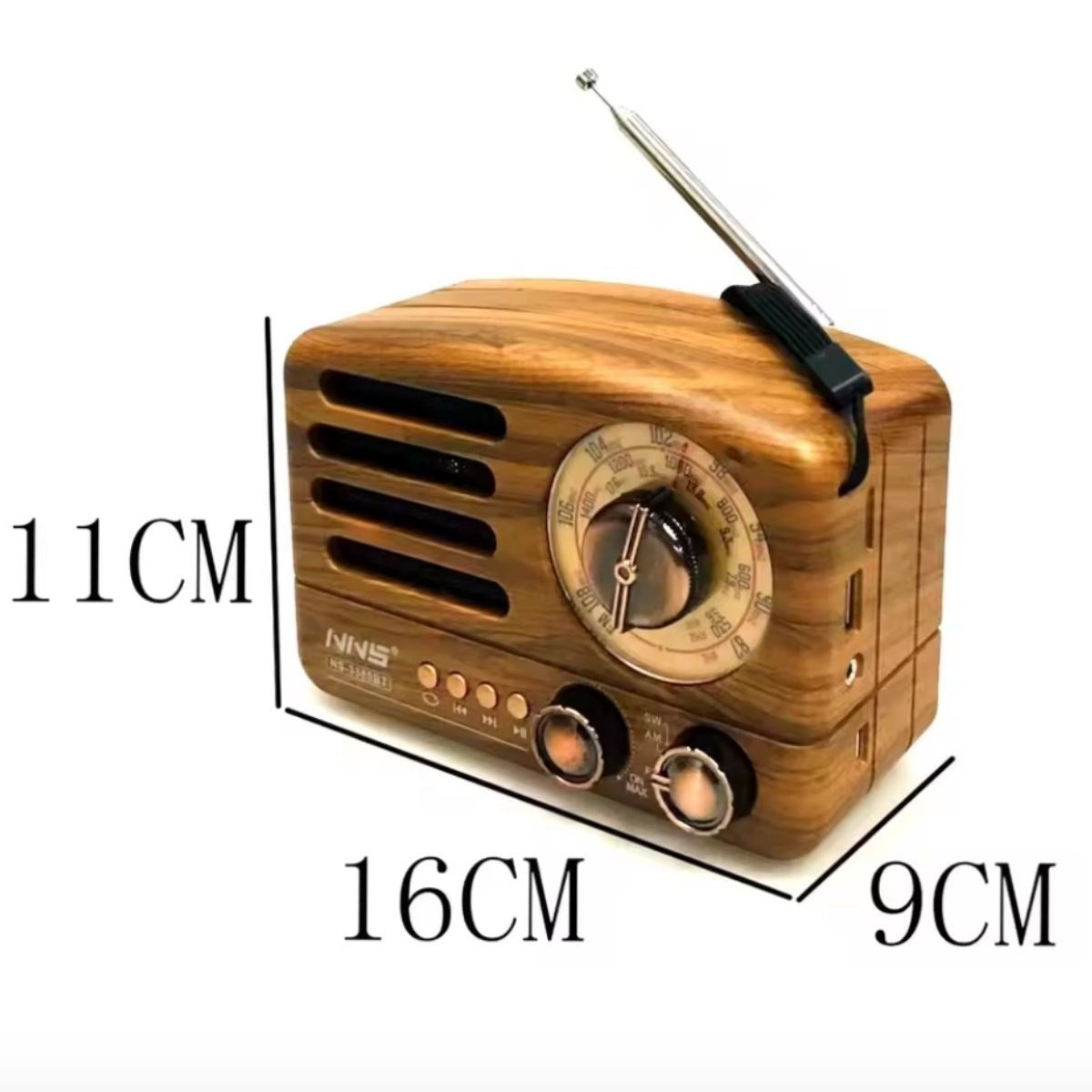ANKAVERSE® Küçük Boy Retro, Nostaljik, Ahşap Tasarım Bluetooth Hoparlörlü, Şarjlı, Taşınabilir Büyük Döndürülebilen Düğmeli FM/AM Destekli Radyo NS338
