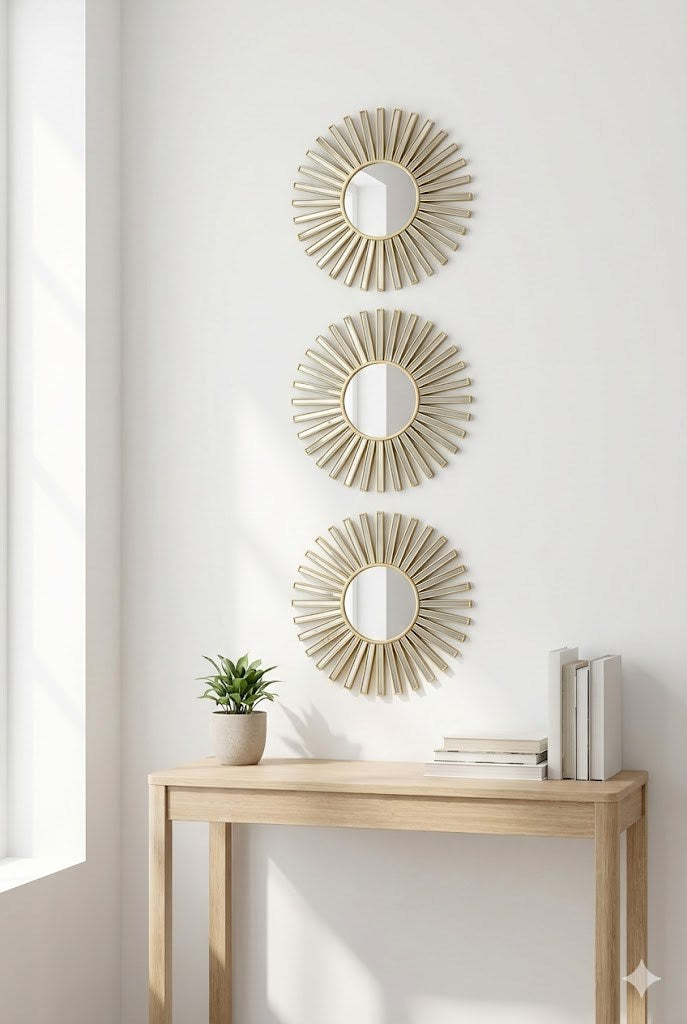 3 lü Gold Güneş Desenli Duvar Aynası Seti 27 cm | Dekoratif Yuvarlak Ayna