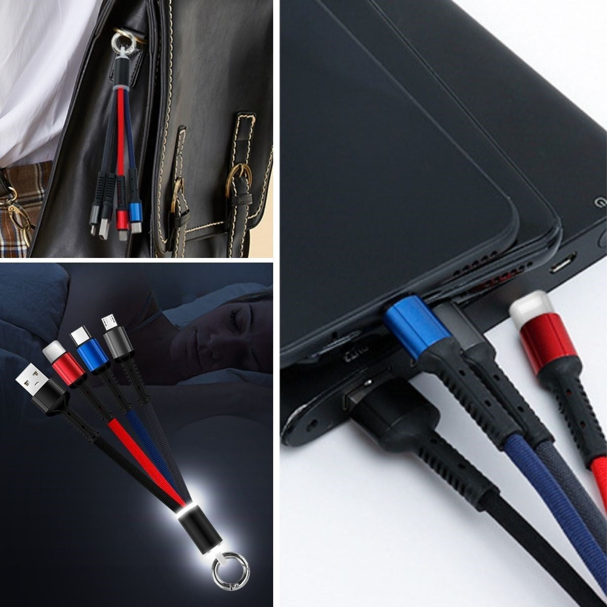 ANKAVERSE® Işıklı 3'ü 1 Arada Anahtarlık Şarj Kablosu - Micro, Type-C & Lightning Uyumlu