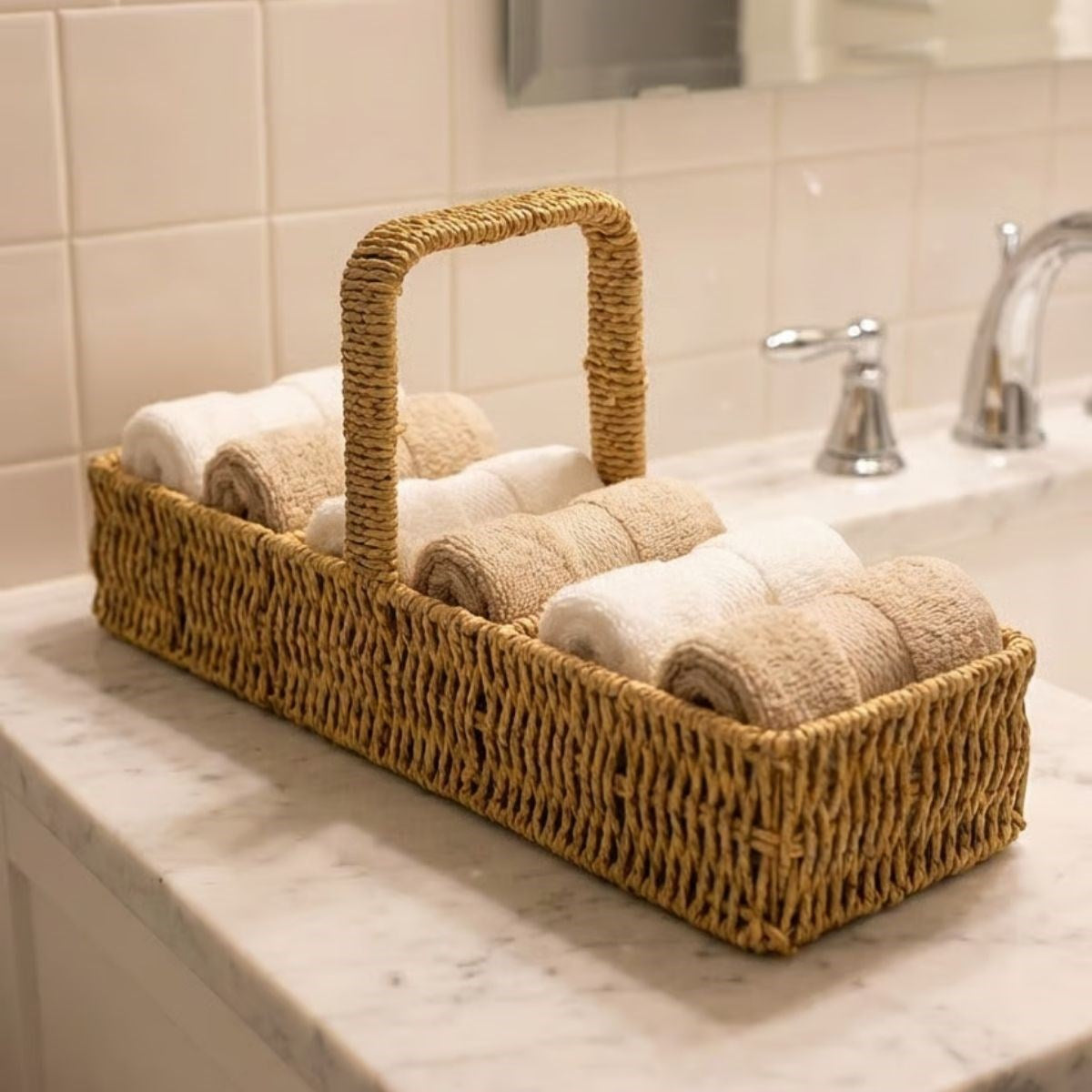 ANKAVERSE® 3 Bölmeli Plastik Rattan Düzenleyici–Saplı Masaüstü Organizer, Mutfak Kaşık Çatal Sepeti, Banyo & Ofis Çok Amaçlı Sunum Standı