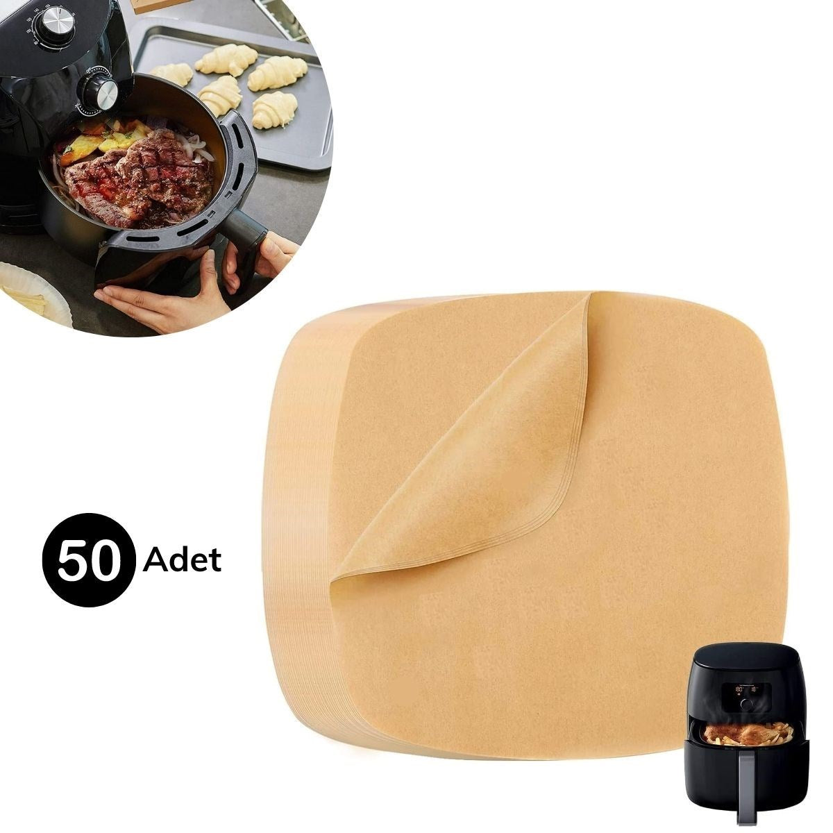 50'li Yapışmaz Air Fryer Pişirme Kağıdı - Tek Kullanımlık, Su/Yağ Geçirmez Kare