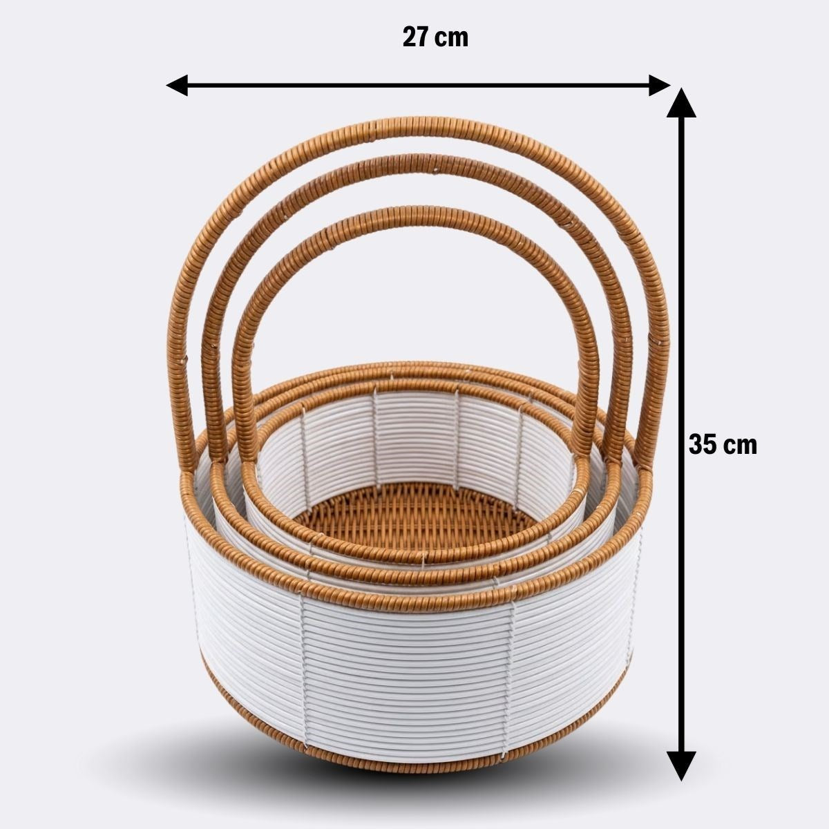 ANKAVERSE® 3 Boy İç İçe Geçebilen Plastik Rattan Sepetler-Beyaz Renkli,Kahverengi Saplı, Çok Amaçlı Düzenleyici ve Sunum Sepeti Seti