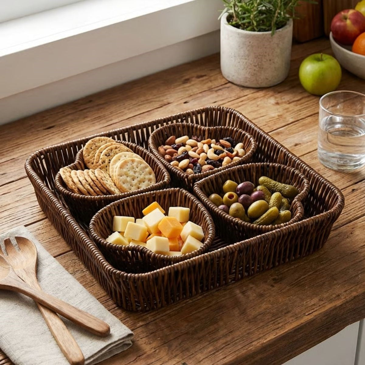 ANKAVERSE® 5 Parça,4 Kalp Formlu Plastik Rattan Sunum ve Kahvaltı Seti-Bölmeli Çerezlik ve Meyvelik-Doğal Hasır Görünümlü Tepsi ve Sunum Tabakları