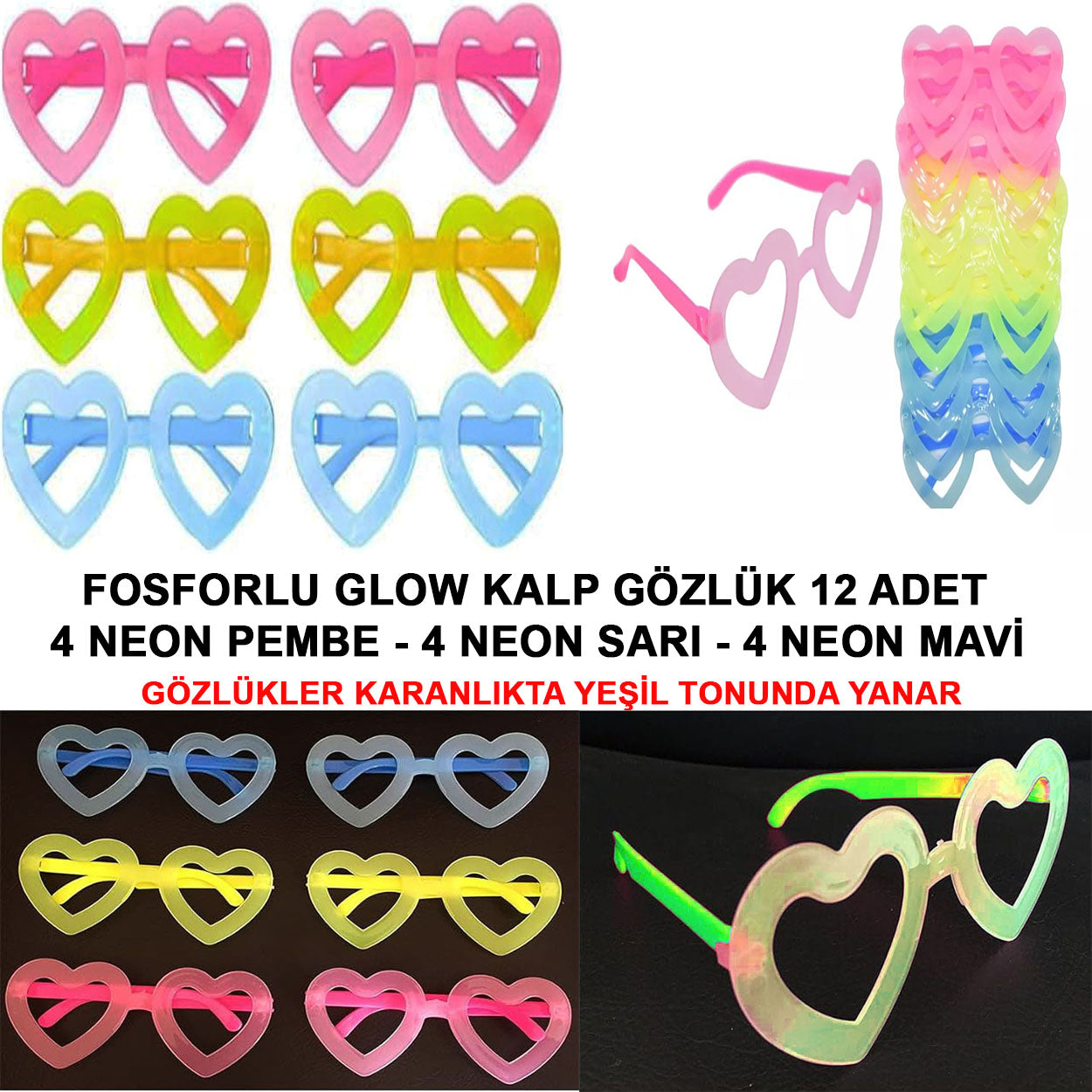 Fosforlu Kalp Model Glow Parti Gözlüğü Karanlıkta Yanan Gözlükler 12 Adet (5286)