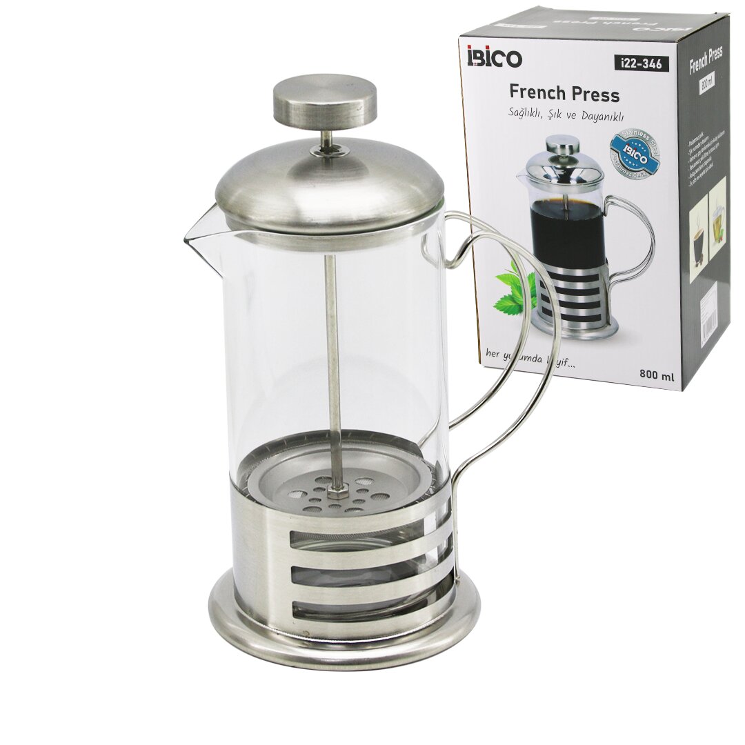 FRENCH PRESS METAL KAFES - METAL KAPAK 800ML CAM BİTKİ SÜZGEÇİ (5286)