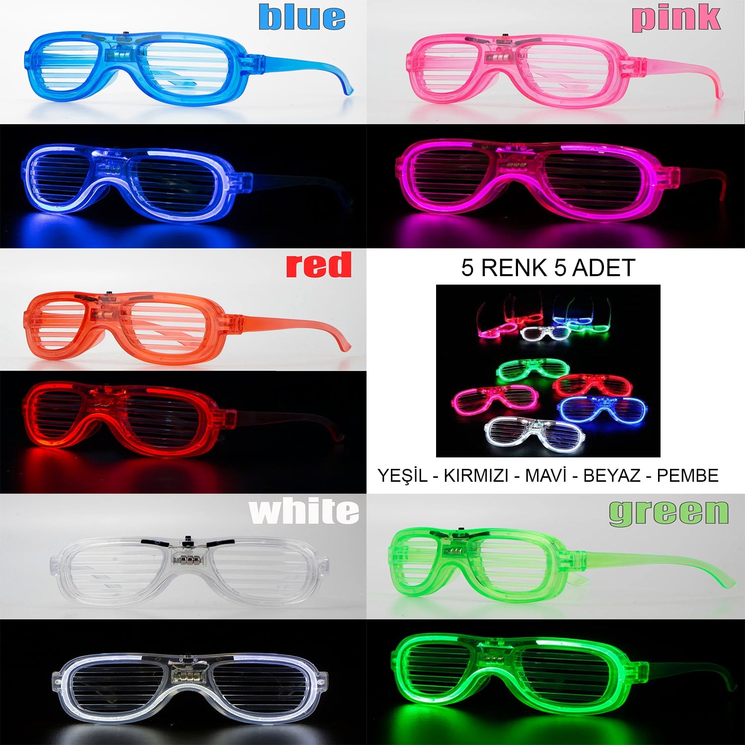 Glow Model Led Işıklı Parti Gözlüğü 3 Modlu 5 Renk 5 Adet (5286)