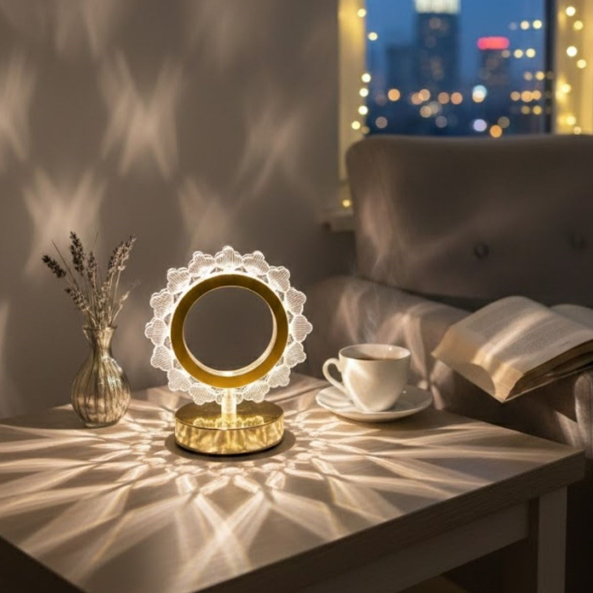 Güneş Şeklinde Kristal LED Masa Lambası – Dokunmatik, 3 Renk Işık Modlu, Şarjlı Mini Dekoratif Gece Lambası (5286)