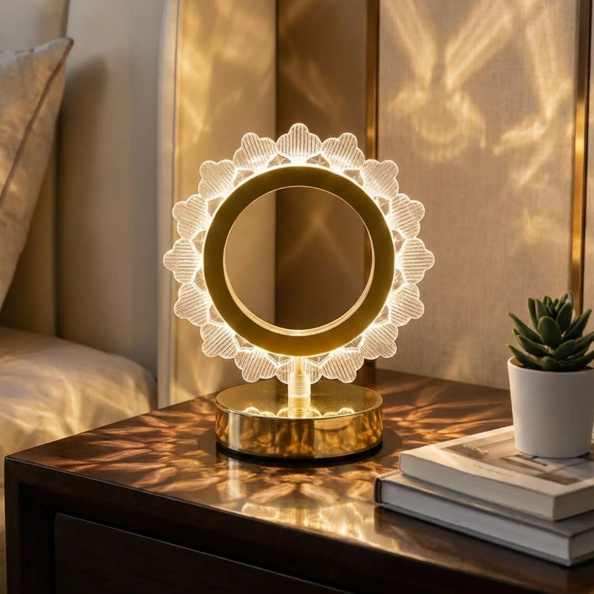 Güneş Şeklinde Kristal LED Masa Lambası – Dokunmatik, 3 Renk Işık Modlu, Şarjlı Mini Dekoratif Gece Lambası (5286)