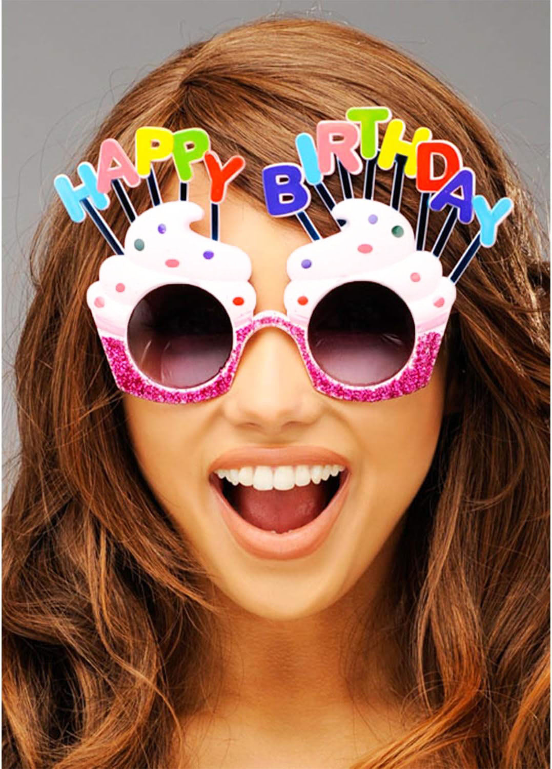 Happy Birthday Yazılı Beyaz Fuşya Renk Parti Gözlüğü 12x7 cm (5286)