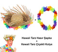 Hawaii Tarzı Tropikal Çiçekli Hasır Şapka ve Çiçekli Hawaii Kolye (5286)