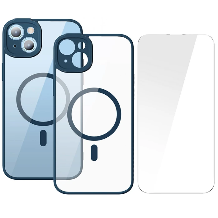 Baseus Frame Series iPhone 14 6.1 Kamera Koruyuculu Magsafe Kılıf + Tempered Ekran Koruyucu Set-(5775) - Siyah