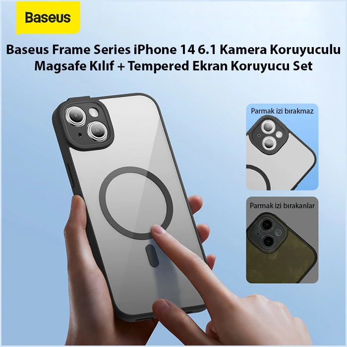 Baseus Frame Series iPhone 14 6.1 Kamera Koruyuculu Magsafe Kılıf + Tempered Ekran Koruyucu Set-(5775) - Mavi