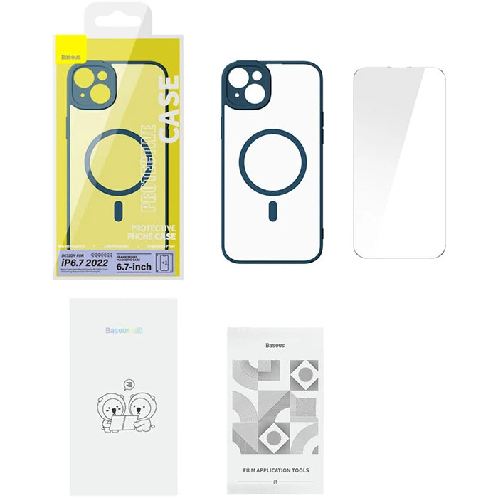 Baseus Frame Series iPhone 14 6.1 Kamera Koruyuculu Magsafe Kılıf + Tempered Ekran Koruyucu Set-(5775) - Siyah