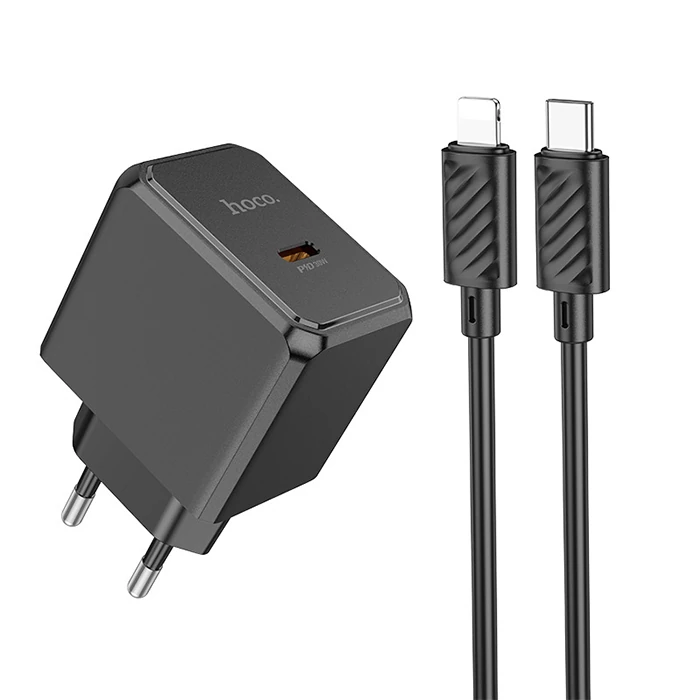 HOCO CS15A 30W Type-C Şarj Aleti + Type-C to iPhone Lightning Kablo Seti-(5775) - Siyah