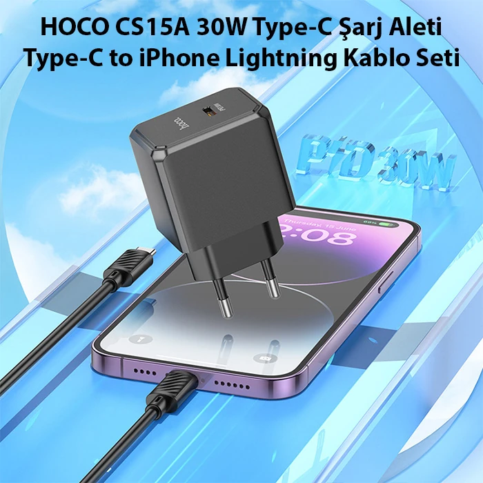 HOCO CS15A 30W Type-C Şarj Aleti + Type-C to iPhone Lightning Kablo Seti-(5775) - Siyah