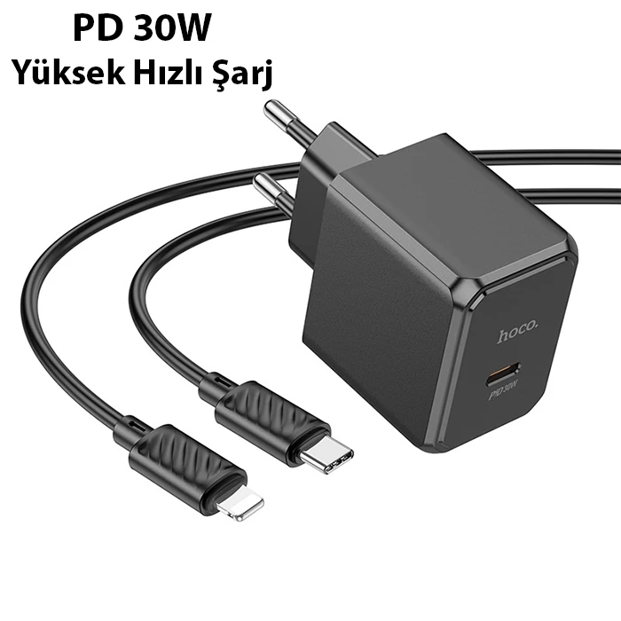 HOCO CS15A 30W Type-C Şarj Aleti + Type-C to iPhone Lightning Kablo Seti-(5775) - Siyah