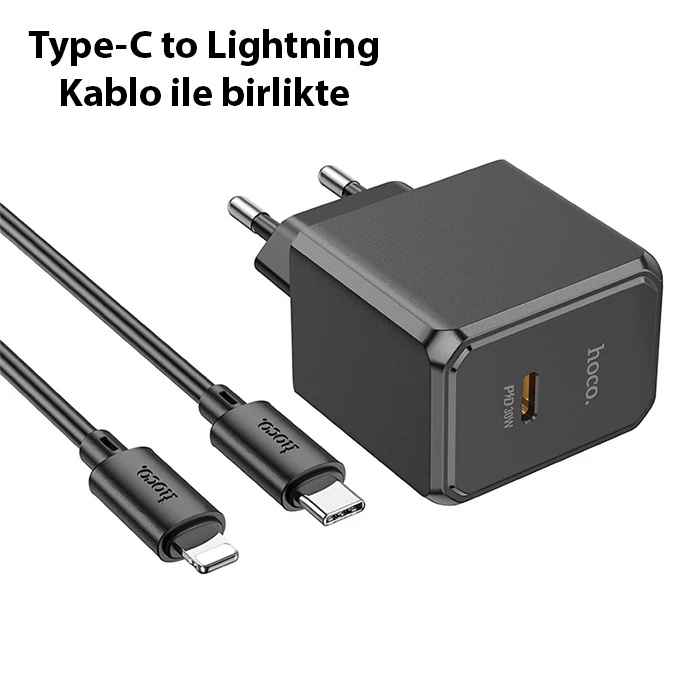 HOCO CS15A 30W Type-C Şarj Aleti + Type-C to iPhone Lightning Kablo Seti-(5775) - Siyah