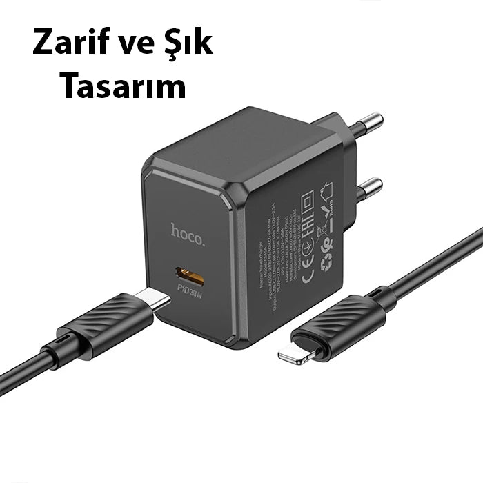 HOCO CS15A 30W Type-C Şarj Aleti + Type-C to iPhone Lightning Kablo Seti-(5775) - Siyah