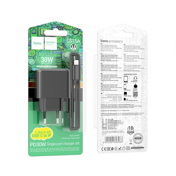 HOCO CS15A 30W Type-C Şarj Aleti + Type-C to iPhone Lightning Kablo Seti-(5775) - Siyah
